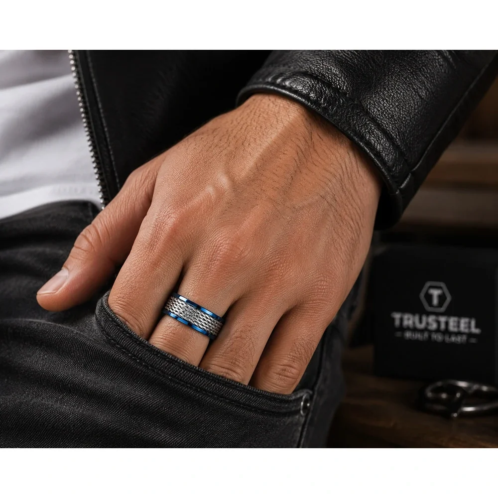 Men’s Multi Wire Inlay 316L Stainless Steel Band Ring Blue Band 8mm size 11